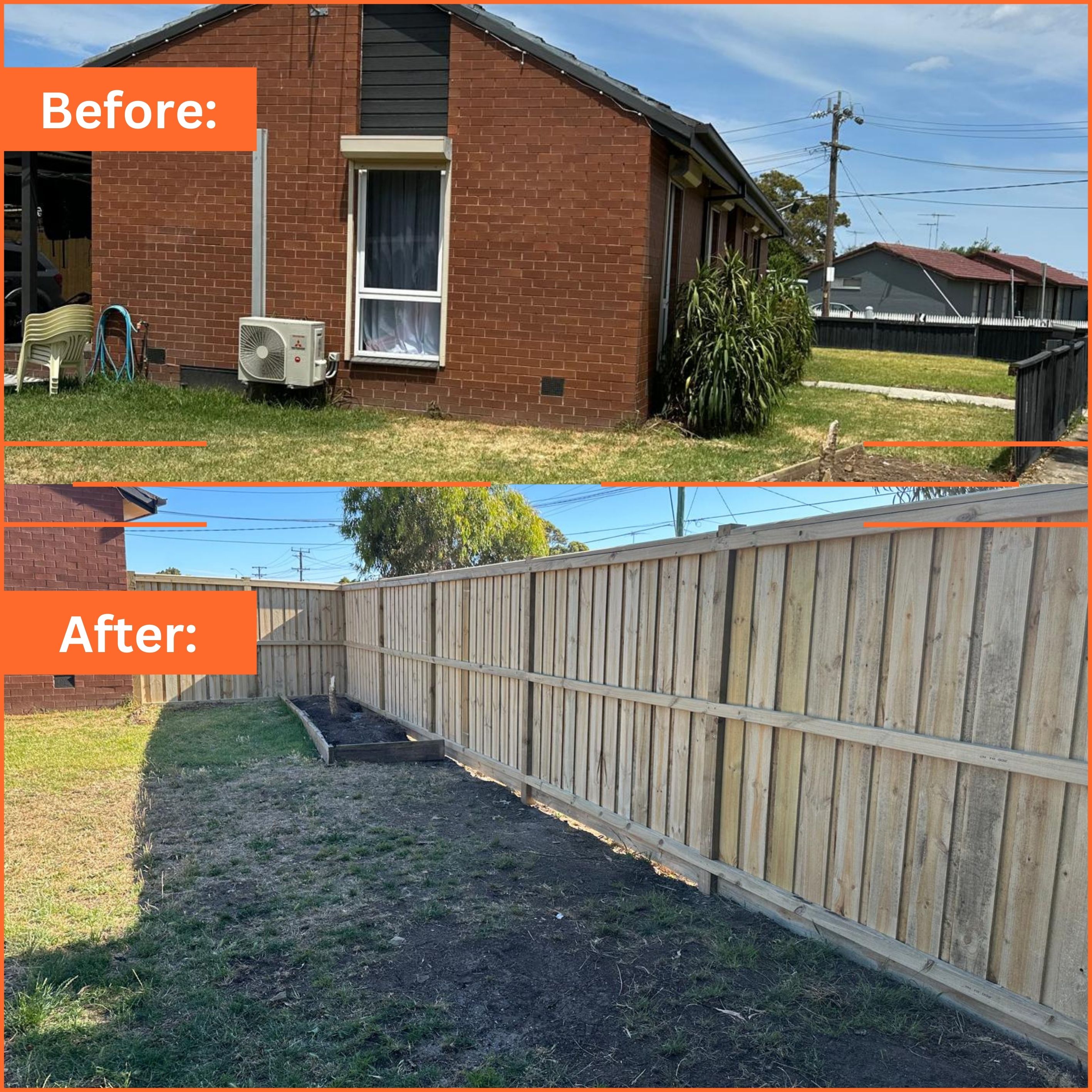 Yard transformation from unfenced space to new timber fence installation with garden bed feature.